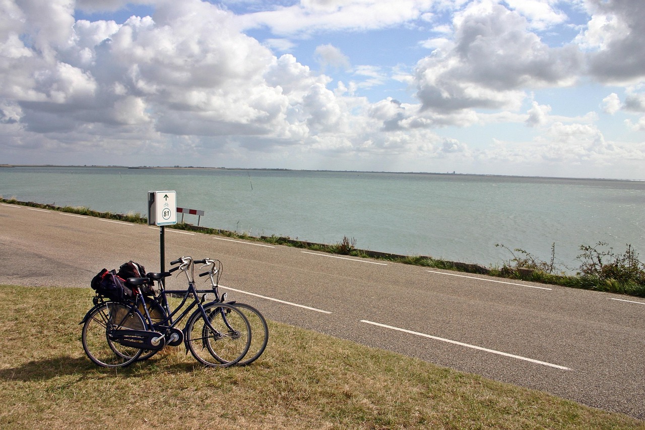 bicycle, cycles, cycle, bikes, to go biking, turned off, park, sea, coast, dike, holland, zeeland, netherlands, heaven, clouds, break, road, transport, on the way, cycling tour, trip, means of transport, schouwen-duiveland